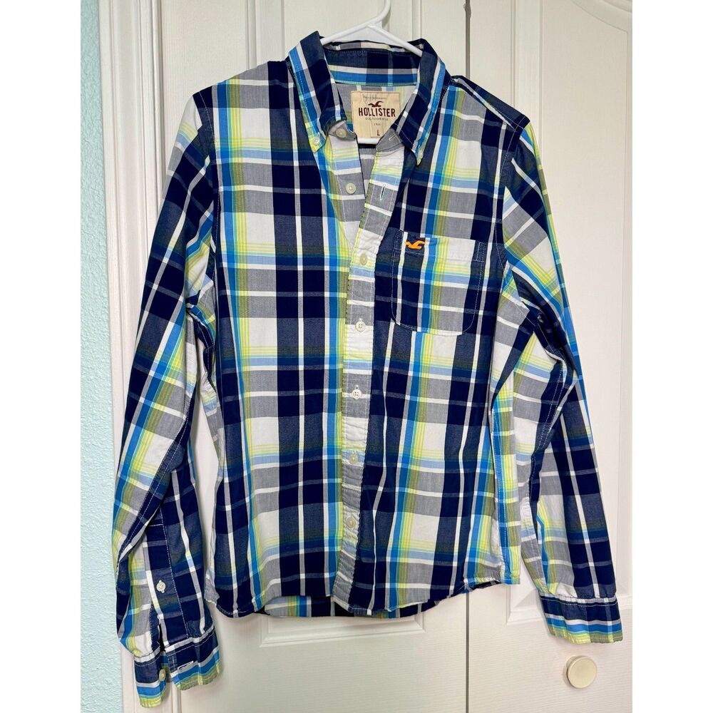 Hollister Youth Boys Size Large Blue / Green Plaid Long Sleeve Shirt Size L